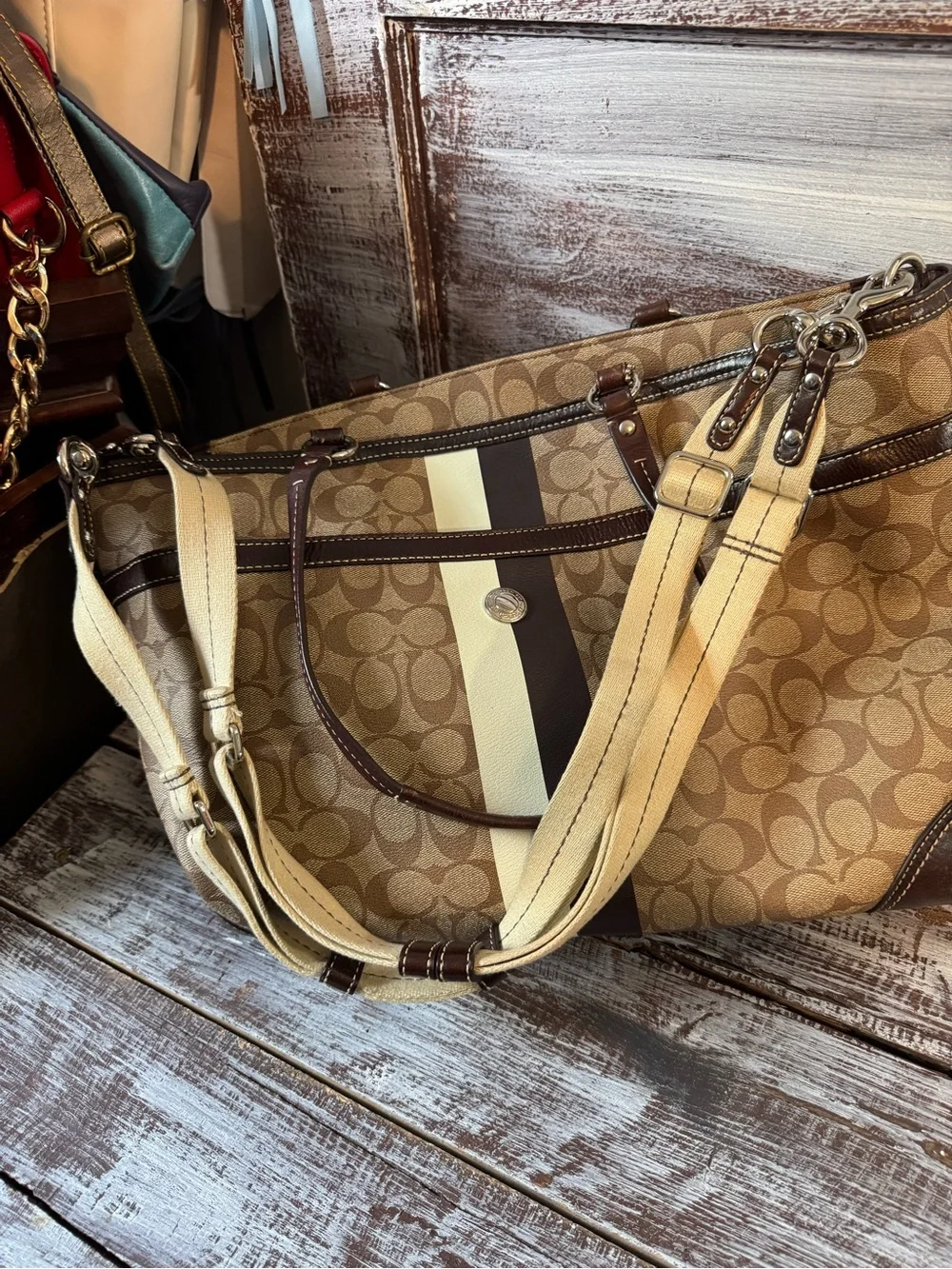Coach Brown Signature Diaper Bag with Cream and Dark Brown Stripe